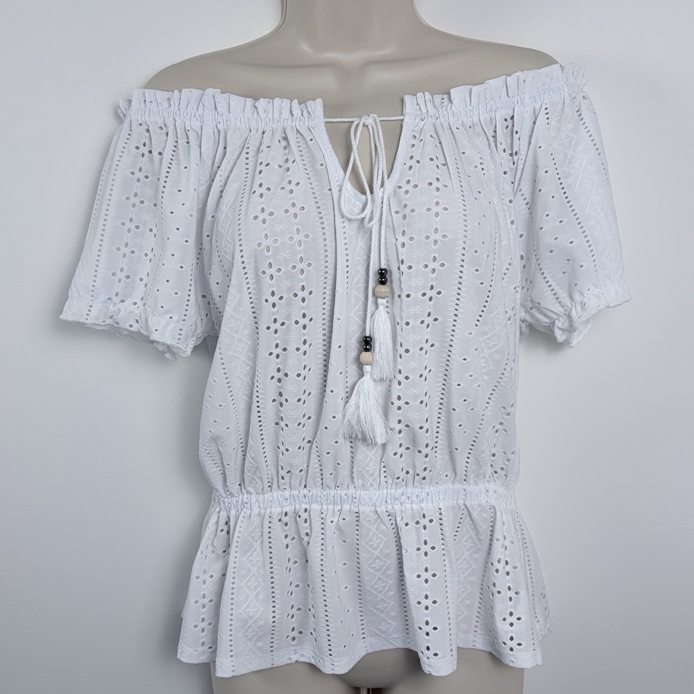 Cyrus White Peasant Eyelet Boho Cottagecore Top ties/Tassels Offshoulder‎ Sz S